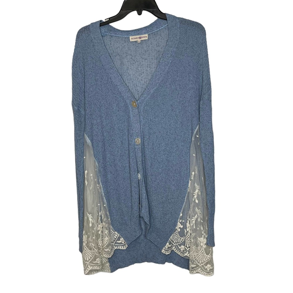 Altar'd State Cardigan Sweater Size Small Blue With White‎ Floral Lace Sides